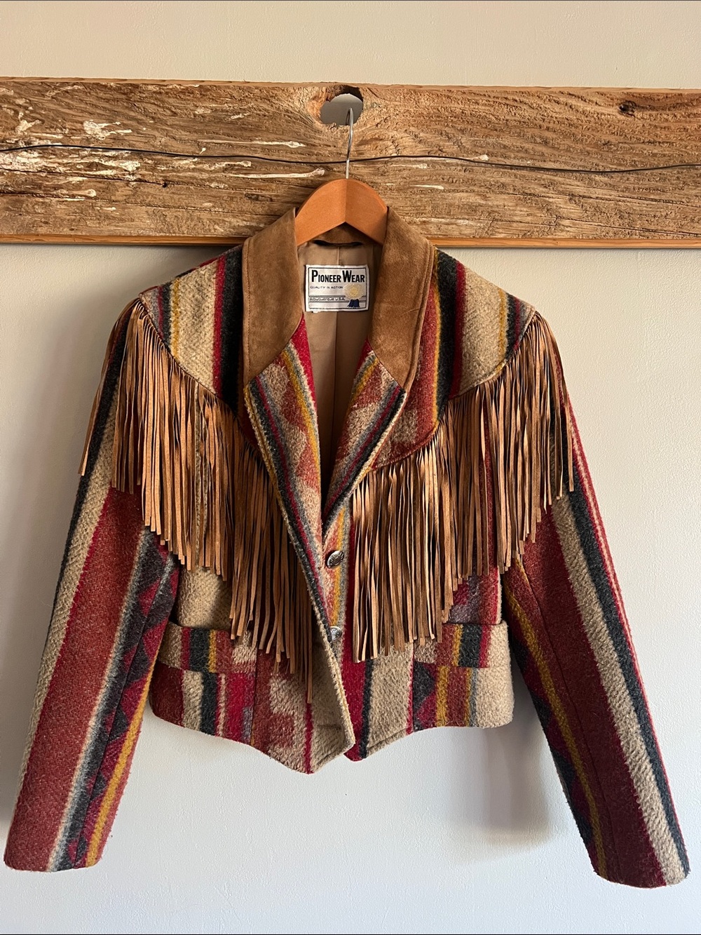 PIONEER WEAR Brown & Red Striped Fringe Western Vintage Jacket